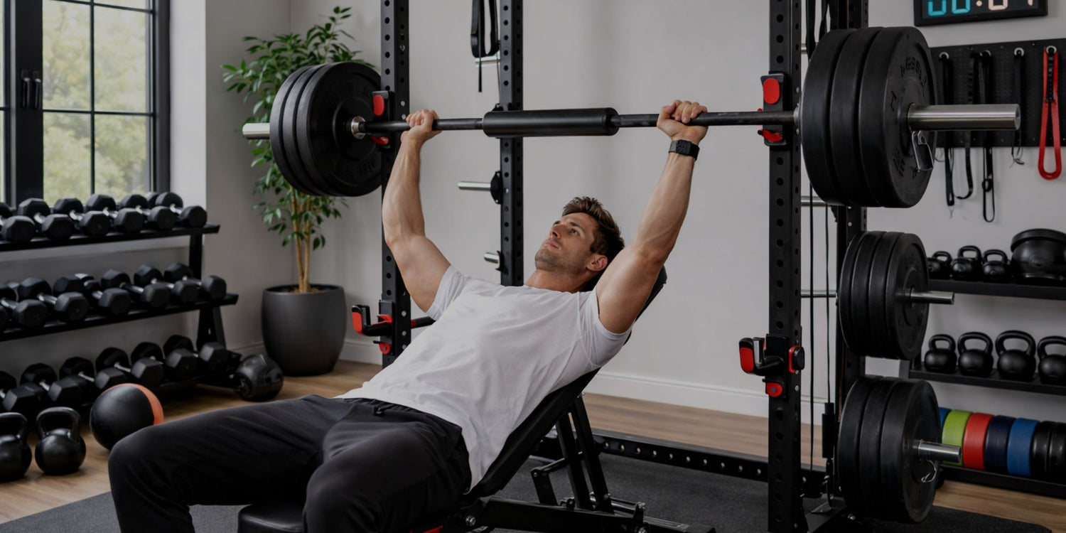 Man performing bench press in a gym setting with various weights and equipment around.