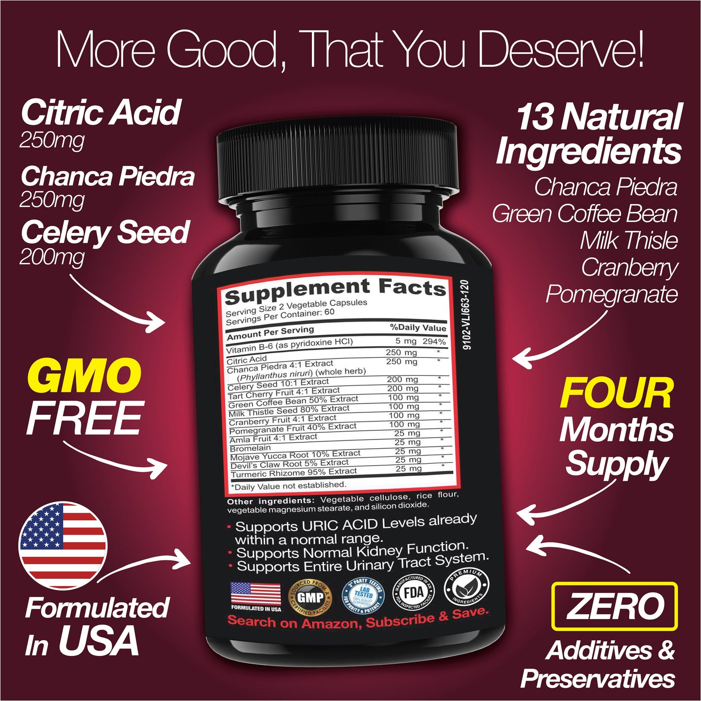 Uric Acid Support Capsules 120ct – Kidney Cleanse & Urinary Health Formula